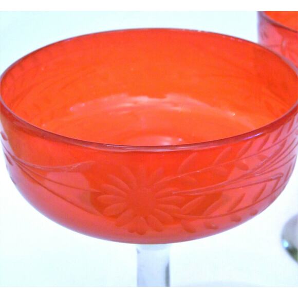 Hand Blown Margarita Glasses Set 2 Artisan Etched Green Red Holiday Stem Glass - Picture 3 of 6